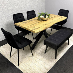 Portland Black Velvet 6 Seater Brown Wooden Dining Set