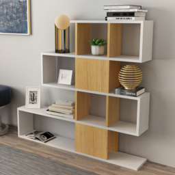 Decorotika Karlin White and Teak 5 Tier Geometric Ladder Style Decorative Bookcase