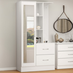 Seconique Nevada Single Door 2 Drawer Gloss White Mirror Open Shelf Wardrobe
