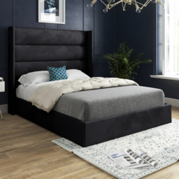 Nuno Black Double Velvet Upholstered Bed Frame with Straight Winged Headboard