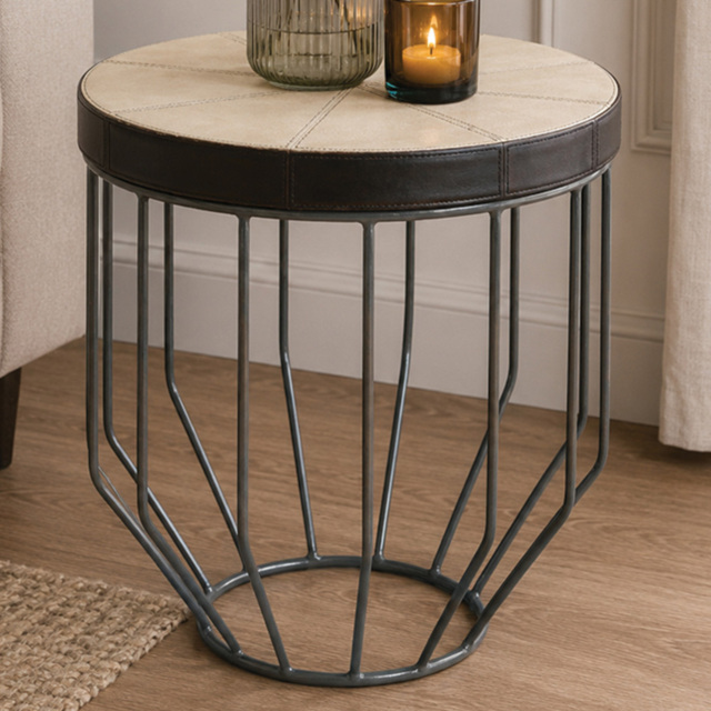 Premier Housewares Kensington Townhouse Grey Hair-On Leather Round Side Table - image 1