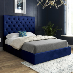 Alma Blue Small Double Velvet Upholstered Bed Frame with Chesterfield Headboard