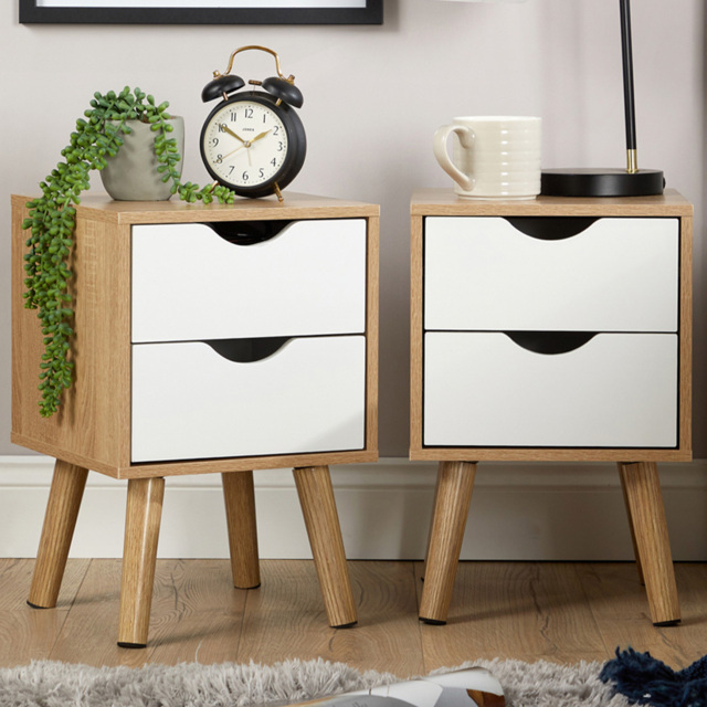 Home Source Boden Oak and White 2 Drawer Bedside Table 2 Pack - image 1