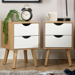 Home Source Boden Oak and White 2 Drawer Bedside Table 2 Pack - thumbnail 1