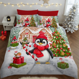 Velosso Multicolour King Size Penguin Candy Panel Duvet Set