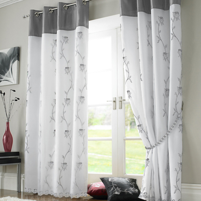 Alan Symonds Tahiti Floral Lined Ring Top Eyelet Voile Curtains Silver and White 142 x 183cm - image 1