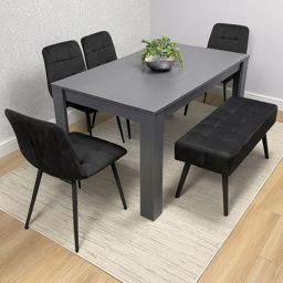 Portland 6 Seater Dark Grey Arrow Dining Table Set with Velvet Chairs and Bench