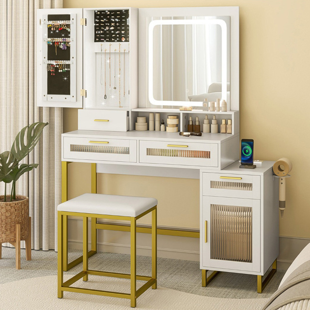Costway White Dressing Table and Chair Set with LED Mirror - image 1