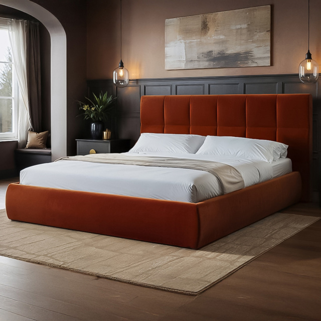 SOLACE+CO Mika Burnt Orange Double Velvet Ottoman Bed - image 1
