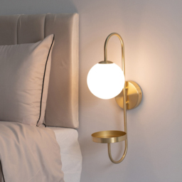 ValueLights Milo Brushed Gold and Frosted Glass Curved Wall Light with Shelf - thumbnail 2
