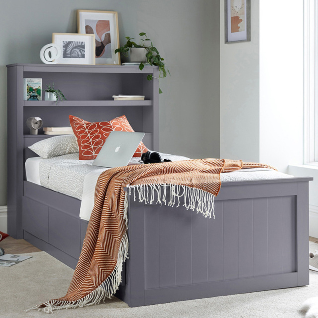 Bedmaster Enzo Grey Single 3 Drawer Wooden Bed with Bookcase Headboard and Spring Mattress - image 1