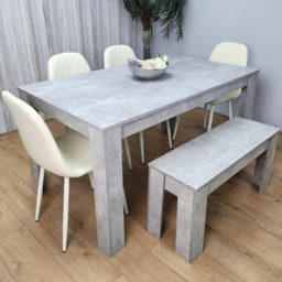 Kosy Koala 6 Seater Faux Leather Rectangular Dining Bench Set Stone Grey Effect and Cream
