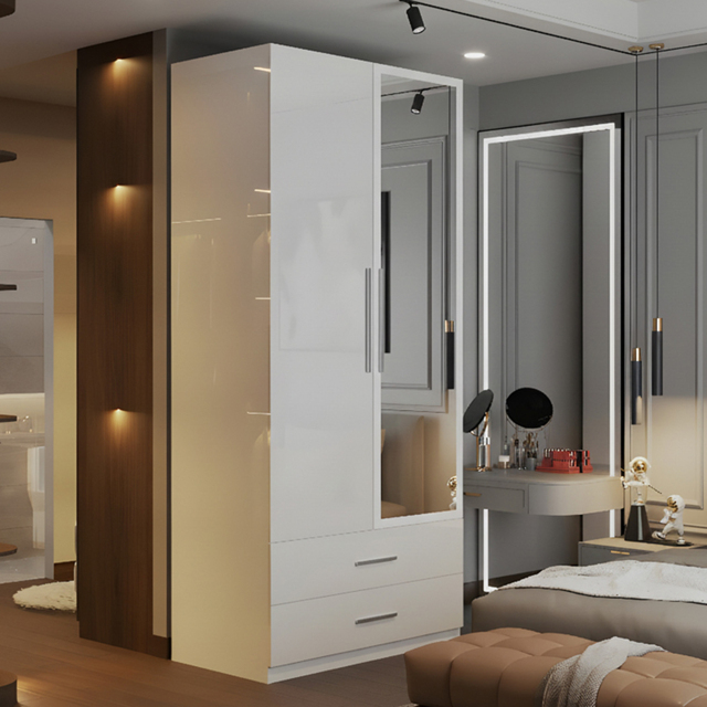 M N Furniture Glossera 2 Door 2 Drawer White High Gloss Mirrored Wardrobe 80cm - image 1