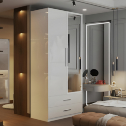 M N Furniture Glossera 2 Door 2 Drawer White High Gloss Mirrored Wardrobe 80cm - thumbnail 1