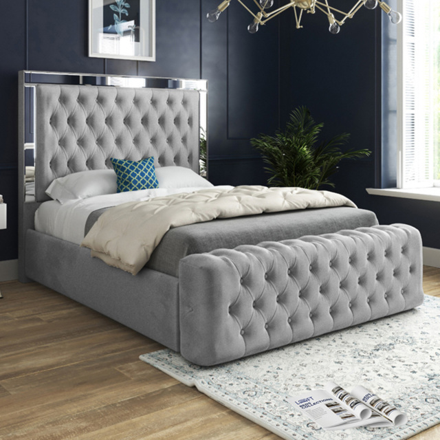 Marino Grey Small Double Velvet Upholstered Bed Frame with Mirrored Headboard - image 1