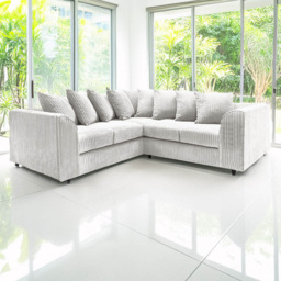 Luxor 5 Seater Silver Jumbo Cord L Shaped Corner Sofa with Scatter Back
