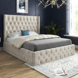 Turin Small Double Silver Soft Velvet Upholstered Bed Frame with Straight Winged Headboard