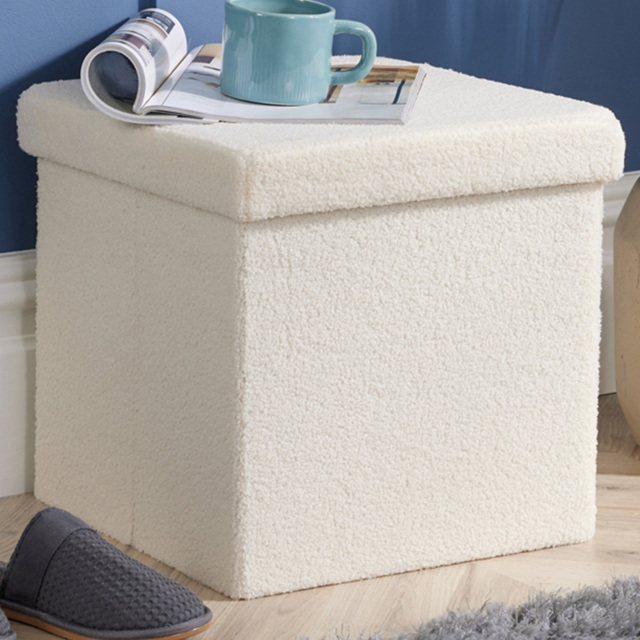 Home Source Cream Teddy Fur Square Folding Storage Ottoman - image 1