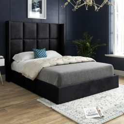 Quanta Small Double Black Soft Velvet Upholstered Bed Frame with Straight Winged Headboard