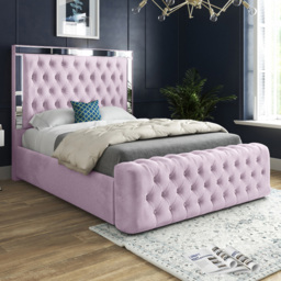 Marino Pink Double Velvet Upholstered Bed Frame with Mirrored Headboard