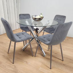Kosy Koala 4 Seater Glass and Velvet Round Dining Table Set Chrome and Grey