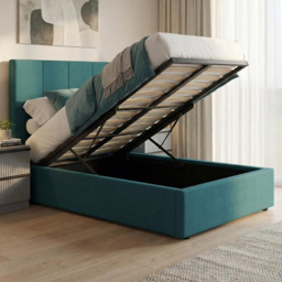 FWStyle Hoscar Dolphin Blue Single Upholstered Lift-Up Ottoman Bed Frame with Ribbed Headboard