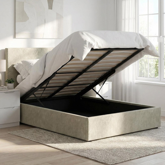 FWStyle Rufford Beige Sand Double Front Lift Ottoman Bed Frame with Padded Headboard
