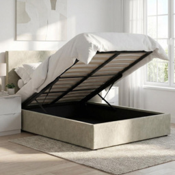 FWStyle Rufford Beige Sand Double Front Lift Ottoman Bed Frame with Padded Headboard