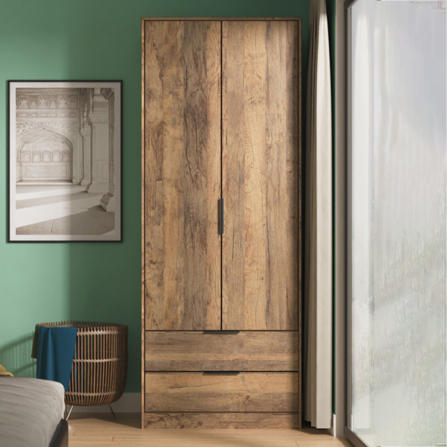 Crowndale Hong Kong 2 Door 2 Drawer Vintage Oak Tall Wardrobe Ready Assembled - image 1