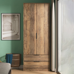 Crowndale Hong Kong 2 Door 2 Drawer Vintage Oak Tall Wardrobe Ready Assembled - thumbnail 1