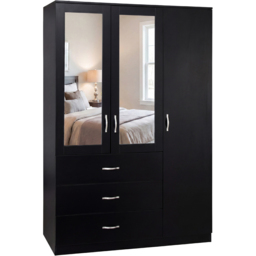 Vida Designs Riano Black 3 Door 3 Drawer Mirrored Wardrobe - thumbnail 2