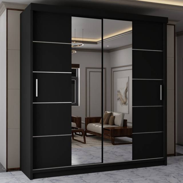 Sliding Wardrobes 4U Lisbon Black 2 Door Full-Length Mirror Wardrobe with Adjustable Shelves - image 1