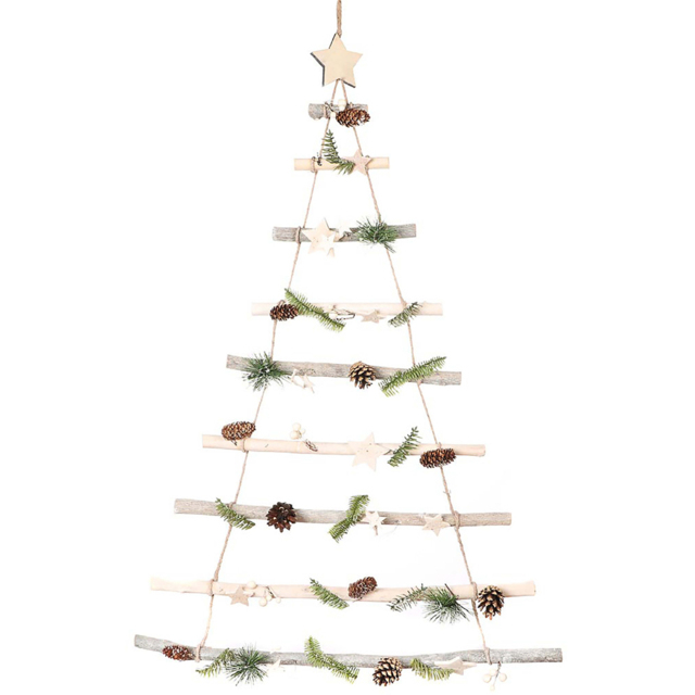 Dibor Winter Sparkle Christmas Tree Ladder Decoration with Wooden Star and Eucalyptus Leaves 88cm - image 1