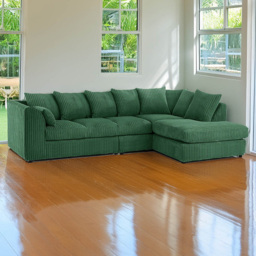 Luxor 5 Seater Green Jumbo Cord Right Hand L Shaped Corner Sofa with Scatter Back