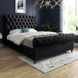Sienna Double Black Soft Velvet Upholstered Sleigh Bed Frame with Scrolled Headboard