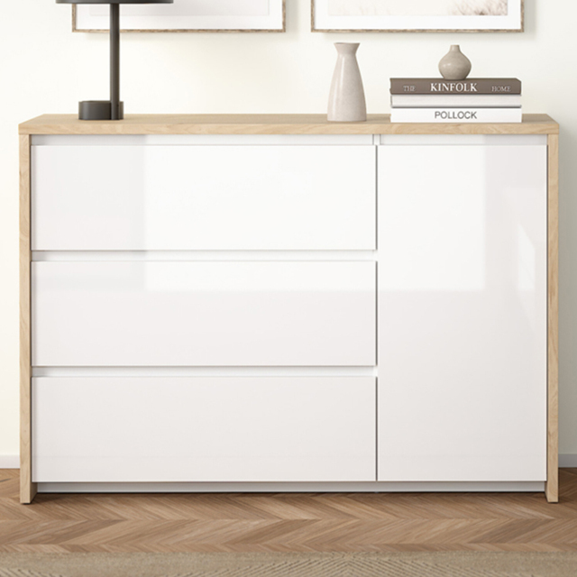 Furniture To Go Next Jackson Hickory and White High Gloss Single Door 3 Drawer Sideboard - image 1