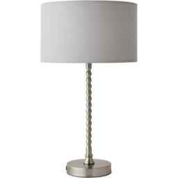ValueLights Maeve Grey Drum Shade Brushed Chrome Bobbin Bobble LED Table Lamp