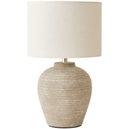 ValueLights Reid Linen Drum Shade Stone Grey Ribbed Ceramic Small Table Lamp - thumbnail 1