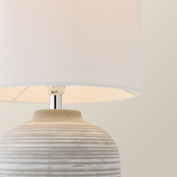 ValueLights Reid Linen Drum Shade Stone Grey Ribbed Ceramic Small Table Lamp - thumbnail 4