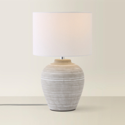 ValueLights Reid Linen Drum Shade Stone Grey Ribbed Ceramic Small Table Lamp - thumbnail 3