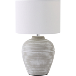 ValueLights Reid Linen Drum Shade Stone Grey Ribbed Ceramic Small Table Lamp