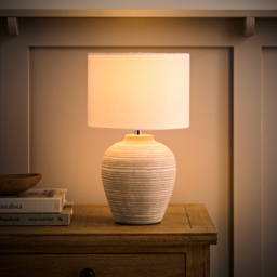 ValueLights Reid Linen Drum Shade Stone Grey Ribbed Ceramic Small Table Lamp - thumbnail 2
