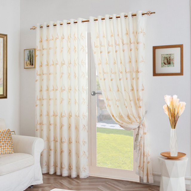Alan Symonds Leaf Embroidered Ring Top Eyelet Tulle Voile Curtains Gold 147 x 137cm - image 1
