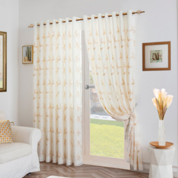 Alan Symonds Leaf Embroidered Ring Top Eyelet Tulle Voile Curtains Gold 147 x 137cm