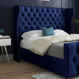 Donati Blue Super King Size Velvet Upholstered Bed Frame with Straight Curved Top Headboard - thumbnail 3