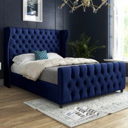 Donati Blue Super King Size Velvet Upholstered Bed Frame with Straight Curved Top Headboard