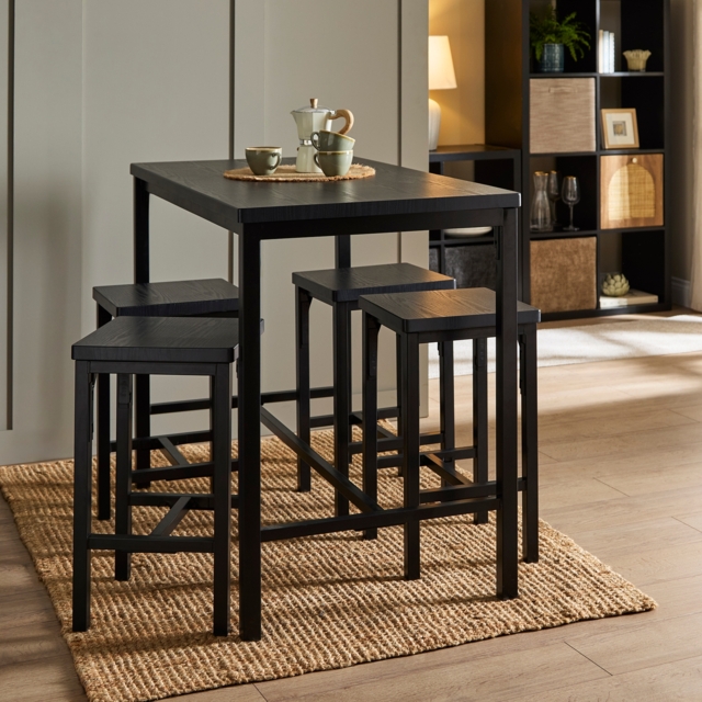 Nina 4 Seater Wood Effect Dining Nest with 4 Wood Effect Bar Stools - Black