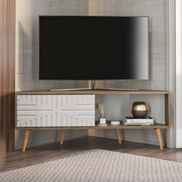 Decorotika Mora Walnut and White Single Sliding Door Corner TV Stand - thumbnail 1