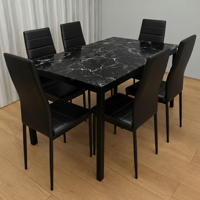 Portland Black Faux Leather Marble Effect Tabletop 6 Seater Dining Set - image 1