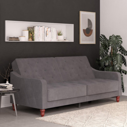 Novogratz Vintage 3 Seater Grey Velvet Tufted Futon